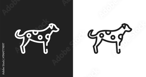 Dalmatian icon. Linear black, white icon from dog breeds fullbody collection. Outline dalmatian vector. Thin line symbol isolated on white and black background