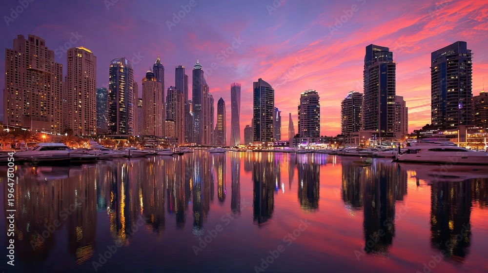 Obraz premium Tall buildings in Dubai Marina glow at dawn.