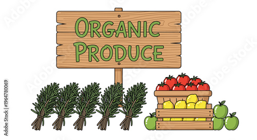 A wooden sign displaying ORGANIC PRODUCE stands near bundles of rosemary and crates of apples and lemons.