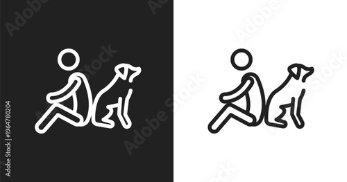 Dog and man seating icon. Linear black, white icon from dog and training collection. Outline dog and man seating vector. Thin line symbol isolated on white and black background