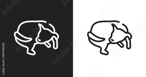 Dog chasing tail icon. Linear black, white icon from dog and training collection. Outline dog chasing tail vector. Thin line symbol isolated on white and black background