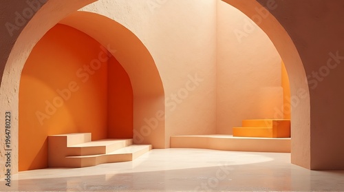 Minimalist arched doorway with warm sunlight casting soft shadows in desert interior