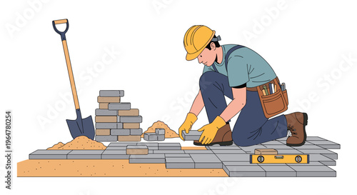 A construction worker in a hard hat and tool belt kneels, carefully laying gray rectangular paving bricks on sandy ground with tools.
