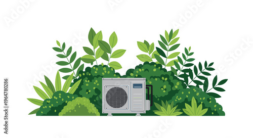 A gray outdoor air conditioning unit is partially concealed by a dense cluster of diverse green foliage against a white background.