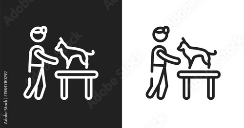 Dog and veterinarian icon. Linear black, white icon from dog and training collection. Outline dog and veterinarian vector. Thin line symbol isolated on white and black background