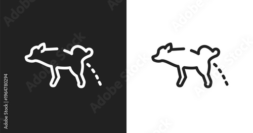 Dog urinating icon. Linear black, white icon from dog and training collection. Outline dog urinating vector. Thin line symbol isolated on white and black background