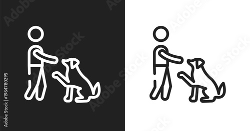Man and dog icon. Linear black, white icon from dog and training collection. Outline man and dog vector. Thin line symbol isolated on white and black background