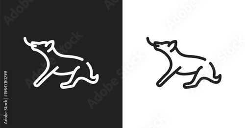 Dog playing icon. Linear black, white icon from dog and training collection. Outline dog playing vector. Thin line symbol isolated on white and black background