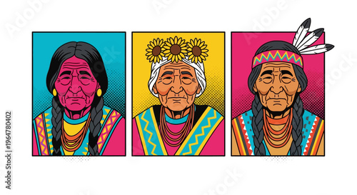 Colorful pop art portraits of native american elders in traditional attire