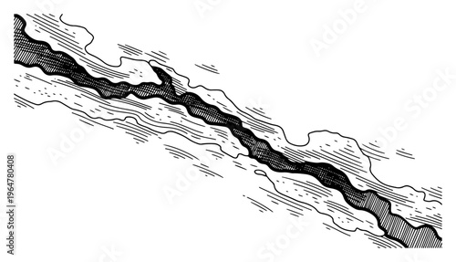 Deep jagged crack and irregular fissure splitting a surface in hand drawn hatching style