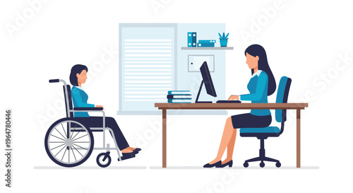 Two women are working in an office, one seated in a wheelchair and the other at a computer desk.