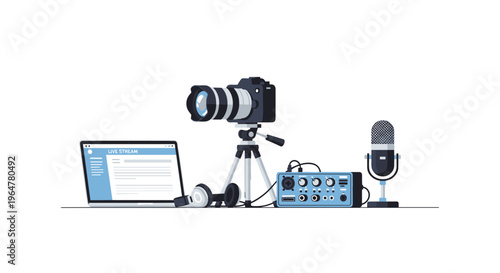 A professional camera on a tripod, a laptop showing a live stream, headphones, an audio interface, and a microphone are arranged.