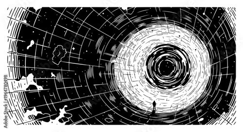 Tiny human silhouette standing in center of massive cosmic vortex with grid patterns in etching style