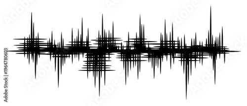 Digital audio waveform peaks and rhythmic sound signals in hand drawn ink style