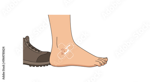 A bare human foot with multiple adhesive bandages on the ankle is depicted next to a brown hiking boot on a clean white surface.