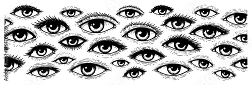 Multiple human eyes watching in surreal pattern engraving style