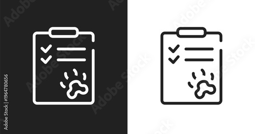 Dog health list icon. Linear black, white icon from pet shop collection. Outline dog health list vector. Thin line symbol isolated on white and black background