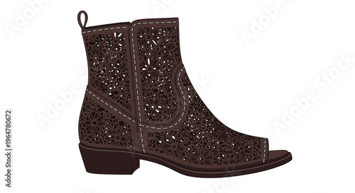 A minimalist illustration shows a single dark brown cutout ankle boot with floral patterns and an open toe on a white background.