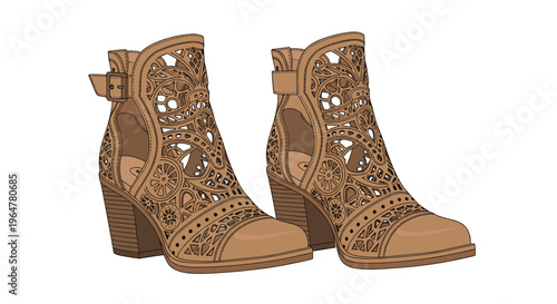 A minimalist illustration displays a pair of light brown cutout ankle boots with intricate patterns and a buckle on a white background.