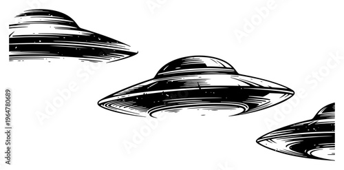 UFO flying saucers in formation vintage engraving woodcut style