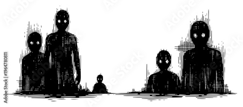 Mysterious shadowy silhouettes with glowing eyes in dark hatching glitch style