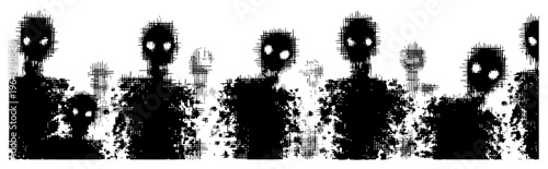 Crowd of eerie shadowy figures with bright eyes in gritty distorted horror style