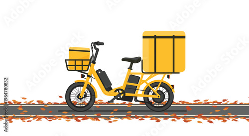A yellow electric scooter with delivery boxes is parked on a road covered with autumn leaves.