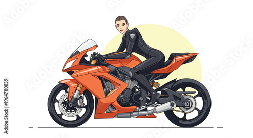A stylized illustration shows a woman in a black motorcycle suit sitting on an orange sportbike against a clean white background.