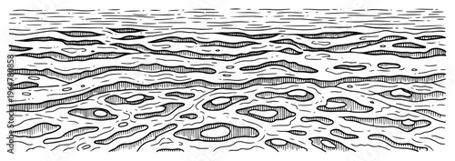 Wavy water surface with ripples or organic terrain in engraving style