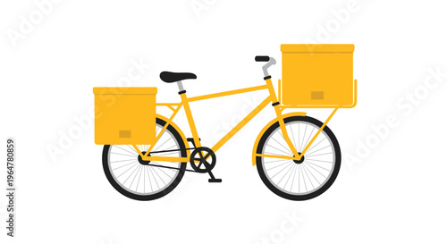 A bright yellow cargo bicycle with two large yellow boxes is isolated on a white background.