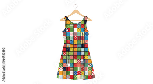 A sleeveless A-line dress with a vibrant patchwork design hangs on a wooden hanger.