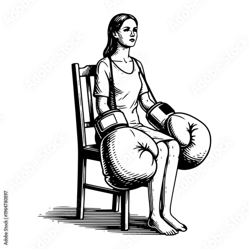Woman sitting on wooden chair wearing boxing gloves in woodcut engraving style