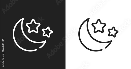 Moon and stars icon. Linear black, white icon from poi nature collection. Outline moon and stars vector. Thin line symbol isolated on white and black background