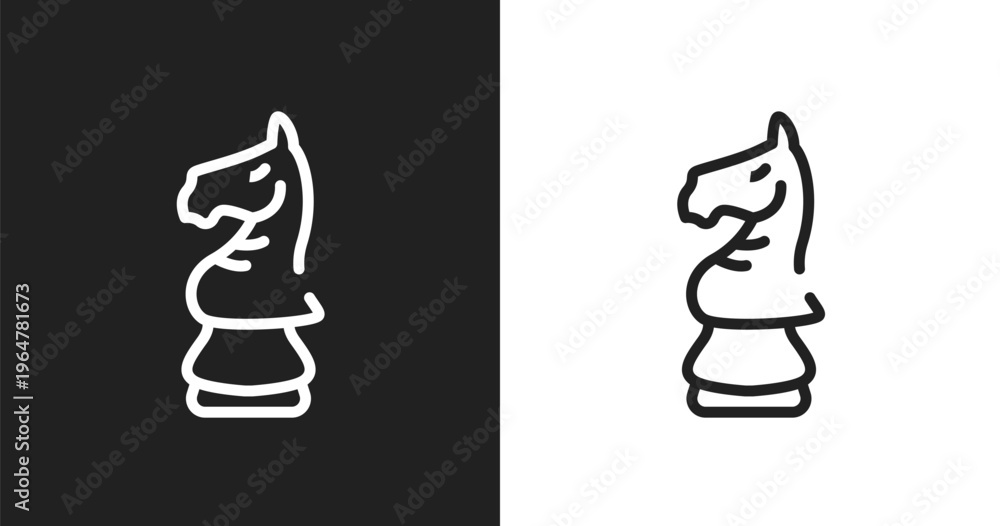 Fototapeta premium Horse head chess piece icon. Linear black, white icon from horses collection. Outline horse head chess piece vector. Thin line symbol isolated on white and black background