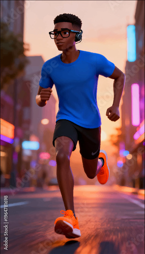 3D cartoon illustration of an African-American guy, a slim athlete who runs along city streets with an audio headset in his ears.
