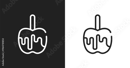 Caramelized apple icon. Linear black, white icon from halloween collection. Outline caramelized apple vector. Thin line symbol isolated on white and black background