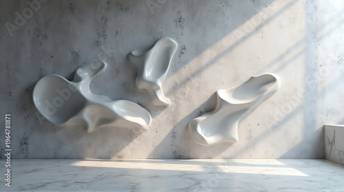 3d metallic spoons forming tree shape on minimalist concrete shelf with soft lighting