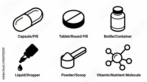 Black and White Outline Medicine and Pharmacy Icon Set with Capsule Tablet Bottle Dropper Powder and Molecule, Healthcare Medical and Supplement Symbol Collection