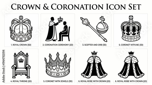 Black and White Crown and Coronation Ceremony Icon Set with Royal Throne Scepter and Robe, Kingdom Monarchy and Medieval Royalty Symbol Collection