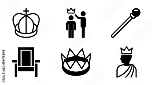 Black Solid Royalty and Monarchy Icon Set with Crown Throne Scepter and King Queen Figures, Kingdom Royal and Medieval Leadership Symbol Collection