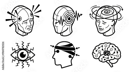 Black and White Outline Mental Health and Headache Icon Set with Brain Stress Migraine and Eye Strain, Neurology Psychology and Mind Disorder Symbol Collection