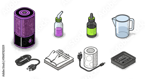 Isometric home appliance varieties: humidifier, bottles, and tools
