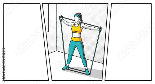 Fitness workout with resistance bands in flat comic style for home exercise inspiration