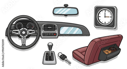 Retro car interior design elements with steering wheel, dashboard, and seat in vintage style