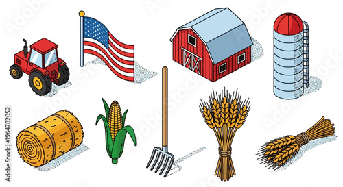 Isometric farm elements set with tractor, barn, crops, and tools on white background