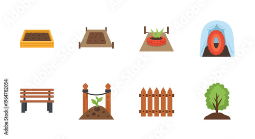 Garden elements set: raised beds, picket fences, and tree planting tools