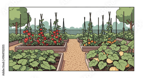 Charming garden beds with vegetables in vibrant colors - cartoon style