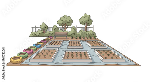 Community garden with raised beds and recycled tire planters