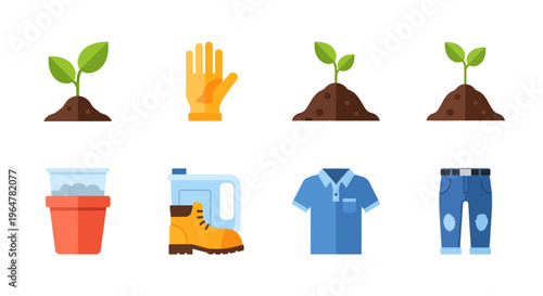 Flat design icons of gardening and sustainable lifestyle elements