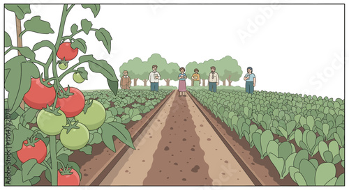 Organic farming scene with farmers in a vegetable field